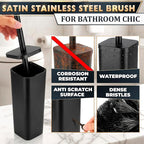 Black Toilet Brush with Square Stainless Steel Holder - Freestanding Toilet Brush and Holder Set Black - Removable Plastic Inner Cup, Splash Guard Cover, Replaceable Head, Corrosion Resistant Finish
