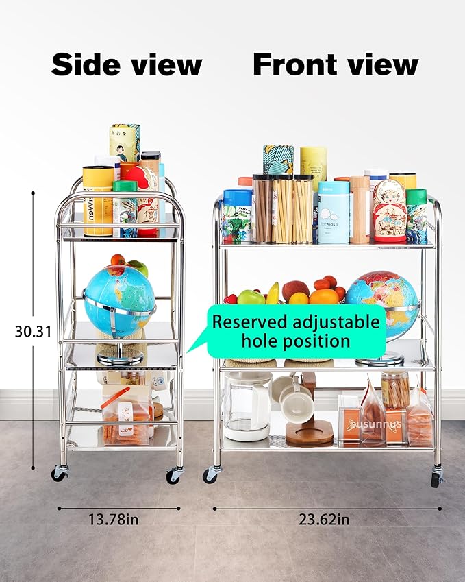 susunnus Stainless Steel Cart with Wheels 3 Tier,Stainless Steel Kitchen Cart,Utility Cart,Metal Cart with Wheels,Suitable for Various Occasions,Movable,Gift Tools