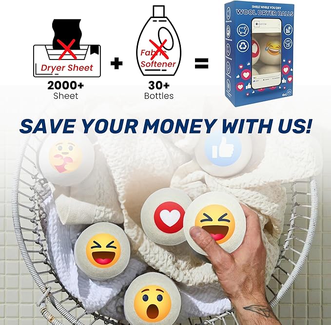 Dryer Ball Kit: 6 XL Wool Dryer Balls - Natural Fabric Softener, Reusable, Reduces Clothing Wrinkles and Saves Drying Time - Reduces Wrinkles and Saves Drying Time (6pcs Wool Dryer Ball) (Emoji)