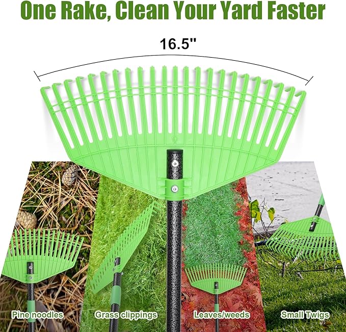Adjustable 80'' Garden Rake with Metal Handle – Plastic Head Gentle on Grass for Cleaning Leaves, Pine Needles & Lawn Debris, Lightweight Yard Rake for Women, Seniors & Kids