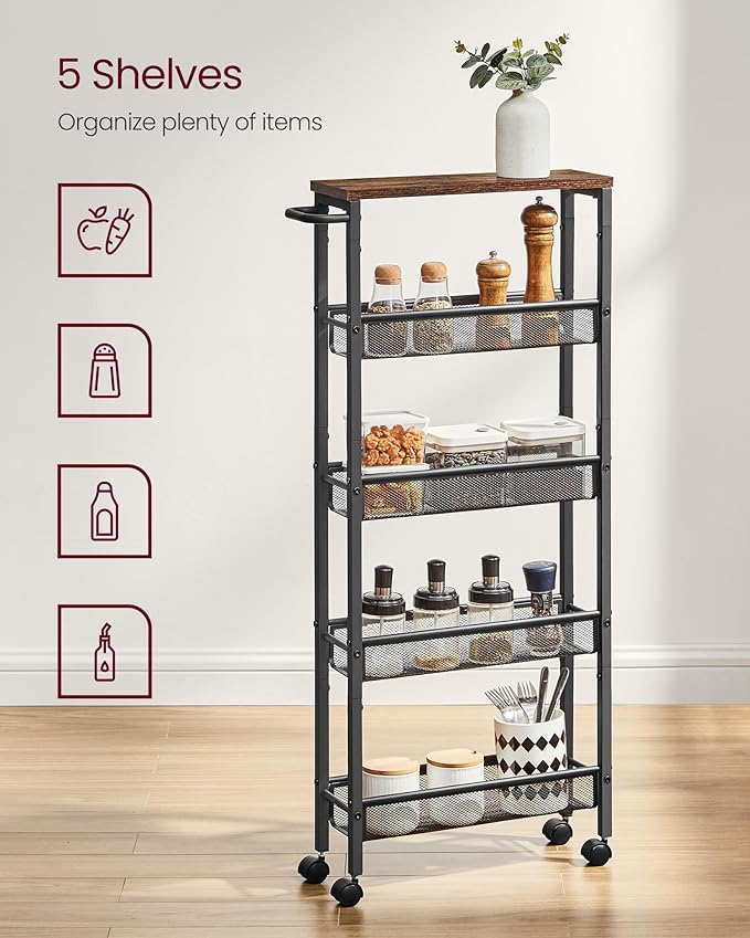 VASAGLE Slim Rolling Cart, 5-Tier Storage Cart, Narrow Carts with Handle, 5.1 Inches Deep, Metal Frame, for Kitchen, Dining Room, Living Room, Home Office, Rustic Brown and Classic Black ULRC034B01