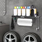 10 Aerosol Spray Can Holder with Paper Towel Holder & 4 Detachable Hooks, Space-Saving Tool Organizer Wall Mount for Garage, Workspace and Tool Room