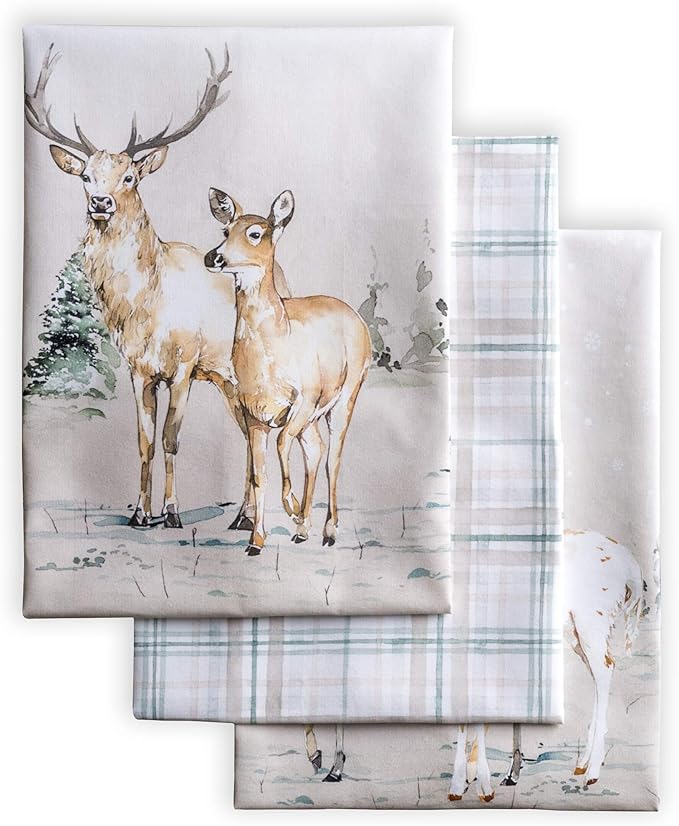 Maison d' Hermine Kitchen Towels Set of 3 100% Cotton 27.50" x 20" Reusable Cloth Tea Dish Towels Absorbent with Hanging Loop for Kitchen, Home, Dining, Cocktail Parties (Deer in The Woods)
