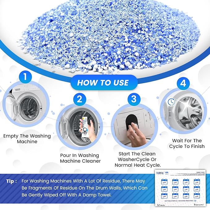 Washing Machine Cleaner Powder Deodorizer 12 Pack， For Deep Descaling, Cleaning Front-Loading & Top-Loading Washing Machine Drum Interiors And Drum Seal, Septic Tank Safe - 12 Month Supply