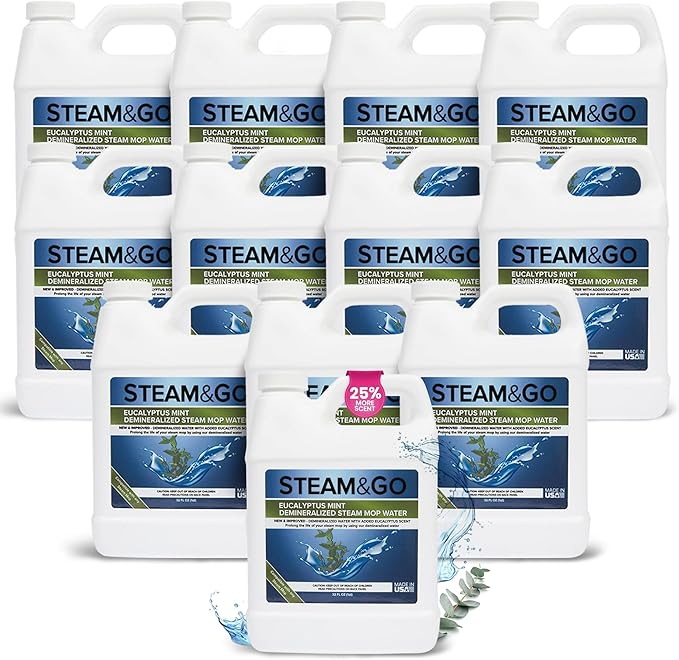Steam and Go Demineralized Water - Multi-Surface Cleaning Solution for Steam Mop, Ready-to-Use Floor Cleaner, Ideal for Home & Office, Compatible w/Any Steam Mop - Eucalyptus Mint, 32oz, Pack of 12