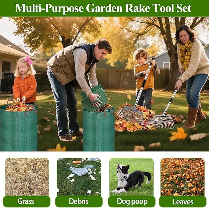 Remiawy Rake for Leaves, 65 Inch Adjustable Long Handle Heavy Duty Metal Garden Leaf Rake Set with 25 Tines, 72 Gallon 32 Gallon Reusable Garden Bag and Scoops for Lawns Yard Shrubs Grass Debris