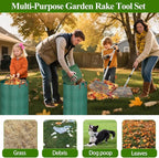 Remiawy Rake for Leaves, 65 Inch Adjustable Long Handle Heavy Duty Metal Garden Leaf Rake Set with 25 Tines, 72 Gallon 32 Gallon Reusable Garden Bag and Scoops for Lawns Yard Shrubs Grass Debris