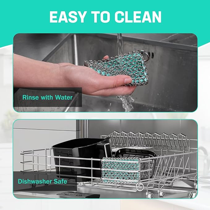 HAUSHOF Cast Iron Scrubber, Chainmail Scrubber with Silicone Core, Premium Cast Iron Cleaner for Skillet, Pan, Dutch Oven