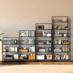 4NM No-Assembly 6 Tiers Folding Bookshelf Storage Shelves Vintage Bookcase Standing Racks Study Organizer Home Office (All Black)