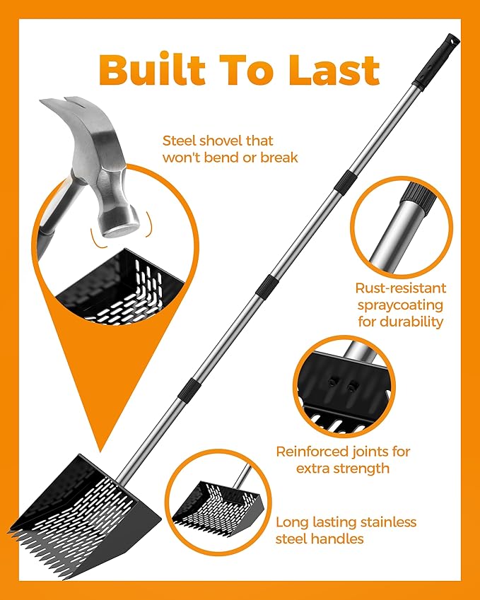 Chicken Poop Scooper with Ergonomic Grip, 4 in 1 Adjustable Chicken Coop Pooper Shovel (24 to 70"), Sifting Litter Shovel Scoop for Chicken Coop/Goat Stall/Stable Cleaning