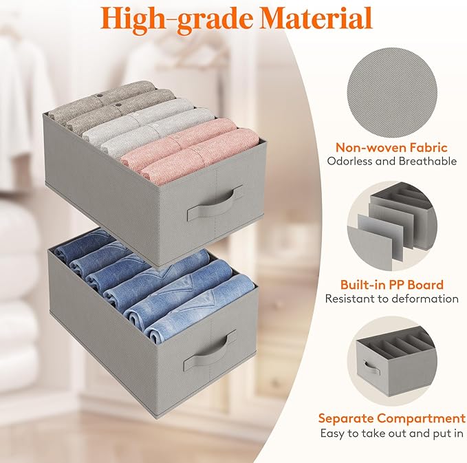 Lifewit 6 Pack Clothes Organizer, 6 Grids Closet Jean Storage Bins with Handles and Support Boards, Foldable Drawer Organizer for Sweater, Pants, T-shirt, Dress, Grey, Size 16.5''x10.6''x7.1''