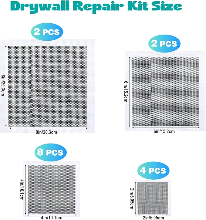 16Pcs Drywall Repair Kit, 2/4/6/8in Self-Adhesive Drywall Patch Kit with Sandpapers & Scrapers, Wall Repair Patches for Small Big Holes & Cracks, Quick Fix for Ceiling Bathroom Wall Damage