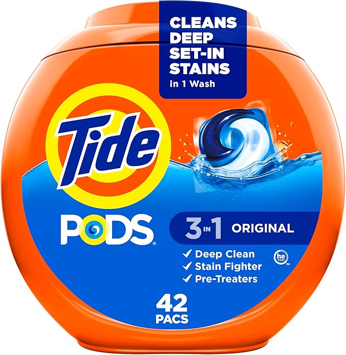 Tide PODS Laundry Detergent Pacs, 3-in-1 Stain Remover, Odor Fighter, Color Protector, 42 Count, HE compatible, Original Scent (Packaging May Vary)