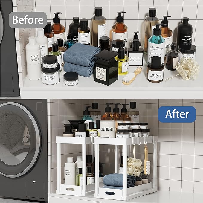 2PC Under Sink Organizer Rack 2 Tier Under Sliding Cabinet Basket Organizer Drawer with 4 Hooks, Multi-purpose Under Sink Storage for Bathroom Kitchen Desktop（White）