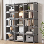REIBII Bookshelf, DIY Tall Bookcase, 15 Grey Cube Storage Organizers for Bedroom Office Living Room Closet, 11.8" D x 47.2" W x 59" H