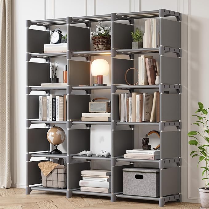 REIBII Bookshelf, DIY Tall Bookcase, 15 Grey Cube Storage Organizers for Bedroom Office Living Room Closet, 11.8" D x 47.2" W x 59" H