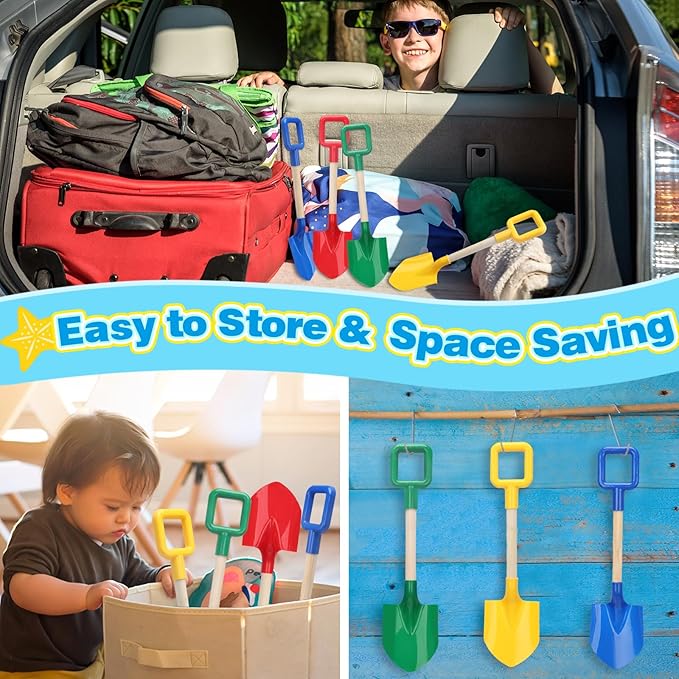 Mototo 4 Pack Beach Shovels, 16'' Plastic Beach Sand Toys Spade Scoop Gardening Tools Kit Sandbox Wooden Handle Spades for Kids Adults Garden Outdoor Snow Backyard Sand Summer (4 Pack, Bright Series)