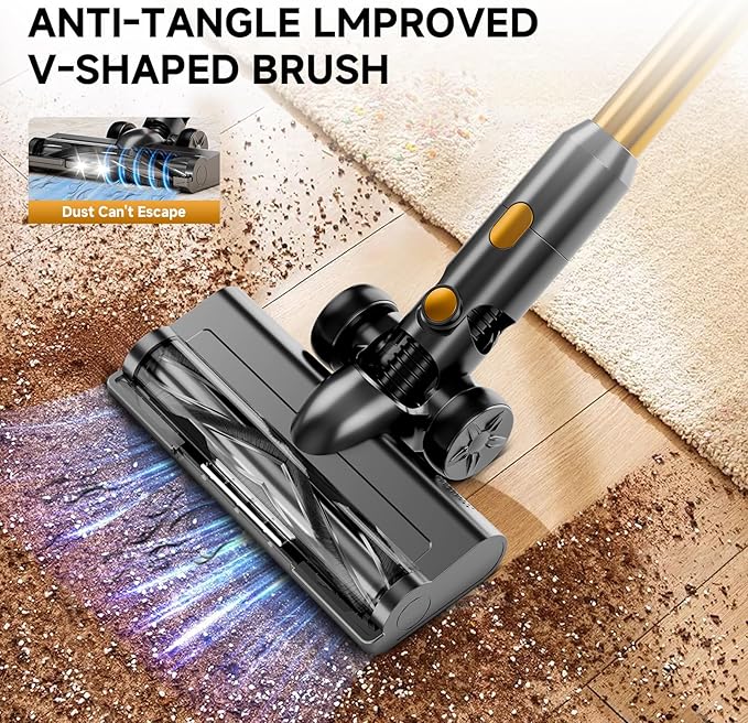 Cordless Vacuum Cleaner,55Mins/Powerful Vacuum Cleaners for Home,Stick Vacuums with 8 in 1,Touch Screen,LED Headlights, Anti-Tangle,Rechargeable,Lightweight for Carpet,Hard Floor, Pet Hair,Gold