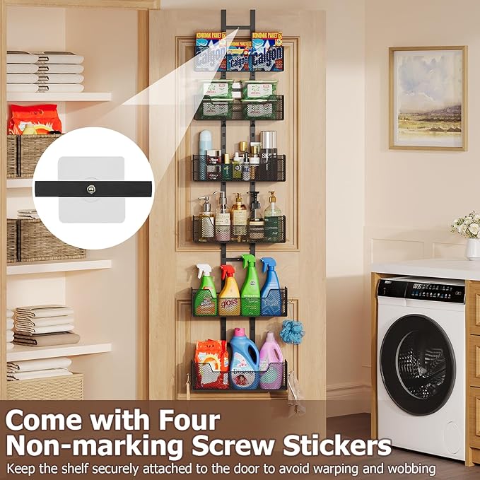 Over The Door Organizer, Metal Hanging Door Organizer with 6 Adjustable Baskets and 5 Hooks, Behind The Door Storage for Closet Cabinet Kitchen Bathroom Bedroom Pantry Organizer, Black