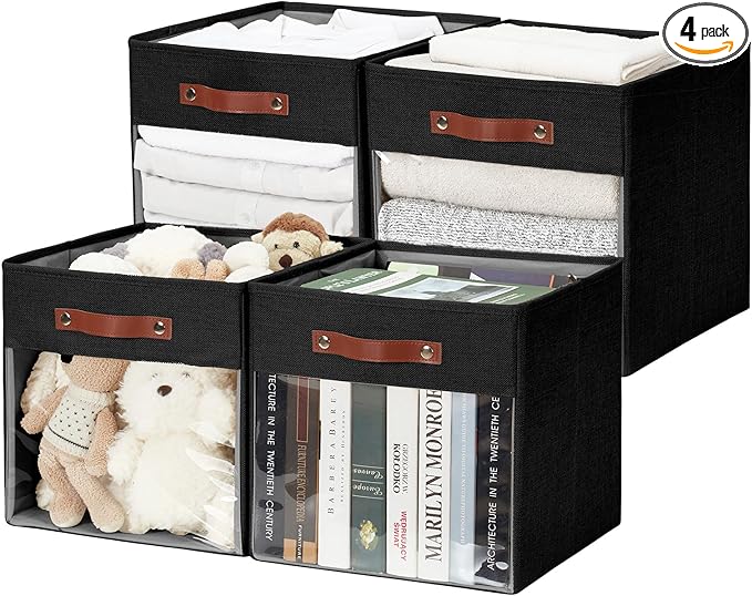 Storage Cube Organizer with Clear Window, Linen Collapsible Storage Boxes with PU Handles, Cube Storage Bins for Shelf, Closet, Cabinet, Bookcase (13x13x13, Black)