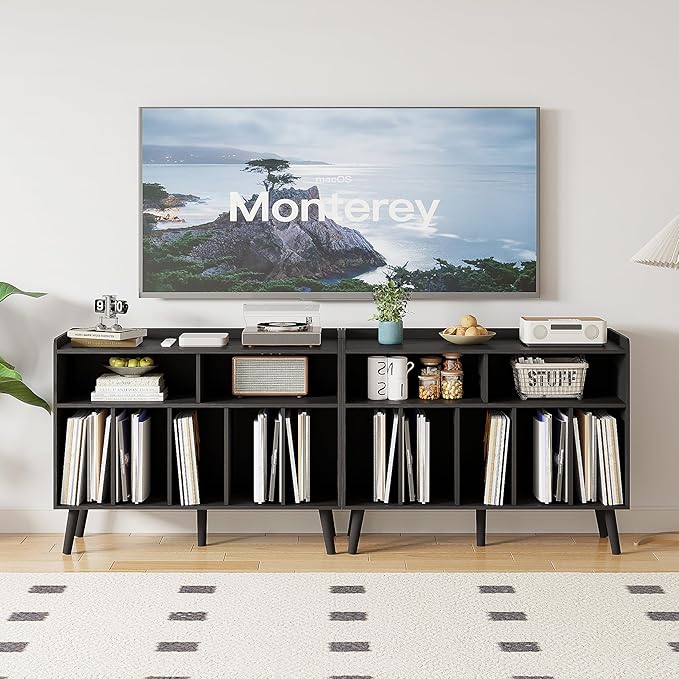 ChooChoo Record Player Stand, Turntable Stand with Vinyl Storage, Record Player Cabinet Up to 350 Albums, Cube Storage Organizer for Living Room, Black