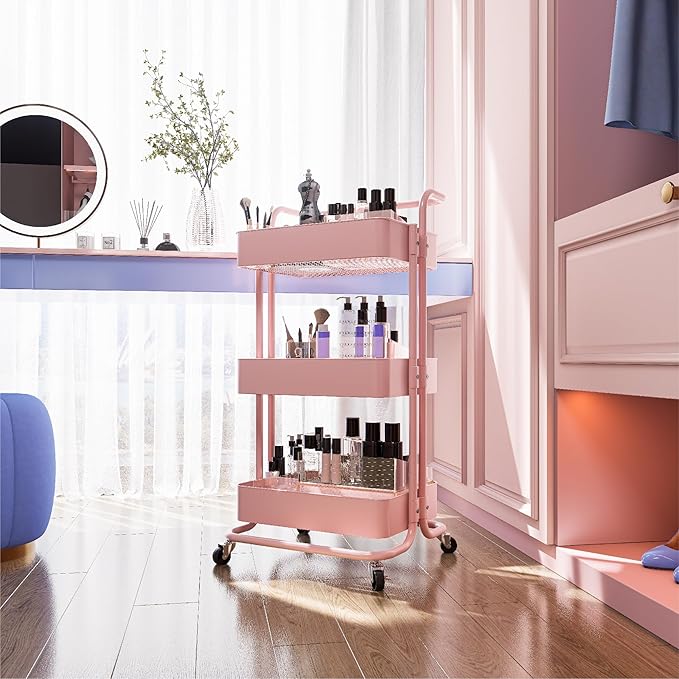 Metal Rolling Storage Cart, 3-Tier Utility Cart with Wheels, Multifunctional Organizer Storage for Kitchen, Bedroom, Office, Laundry Room, Dorm Room Essentials (Pink)