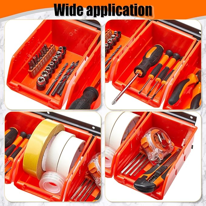 Maitys Wall Mounted Storage Bins Plastic Hanging Stackable Storage Parts Garage Tool Organizer for Screws, Nuts, Bolts, Nails, and Small Hardware Parts, 16x Bins & 4 x Rails(Orange)
