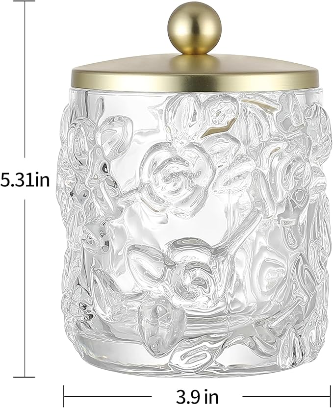 Clear Transparent Apothecary Floral Embossed Glass Jar With Gold Metal Lid Cover for Bathroom Organization, Cotton Balls, Q Tips, and Small Accessories, Bathroom Storage