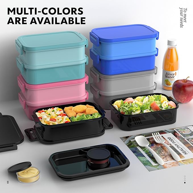 Jelife Adult Bento Box Lunch Box - Large Style Stackable Bento Lunch Box for Adults, 72oz All-in-One 3 Layers Bento Boxes Leak-Proof Lunchbox with Utensil Sauce Containers for Dining Out,Work, Black