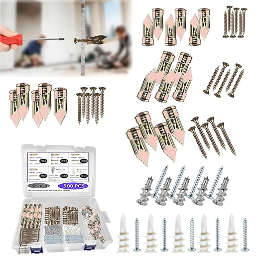 Self Drilling Drywall Anchors Kit with Screws 500PCS - 4 Sheetrock Anchors & 5 Screw Sizes New Upgraded Zinc Plated Steel and Plastic, No Drill or Holes in Wall for Wall Hanging,Various scenarios