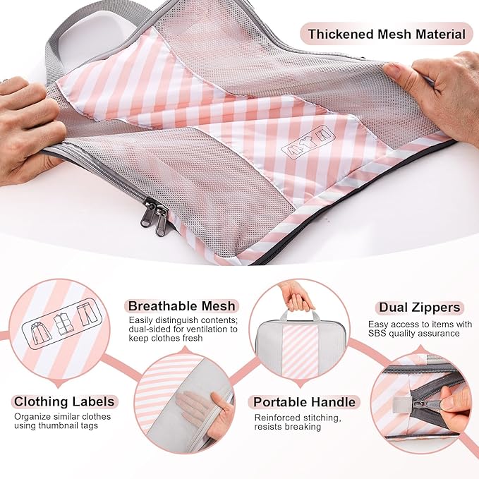 8 Set Compression Packing Cubes for Travel Essentials,Compressible Expandable Packing Cubes for Suitcase,OlarHike Luggage Organizer Bags for Travel,Handy Helper for Organizing Clothes(Pink Stripped)