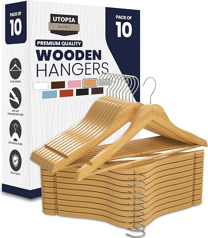 Utopia Home Premium Wooden Hangers 10 Pack - Durable & Slim Coat Hanger - Suit Hangers with 360-Degree Rotatable Hook - Wood Hangers with Shoulder Grooves (Natural Color)