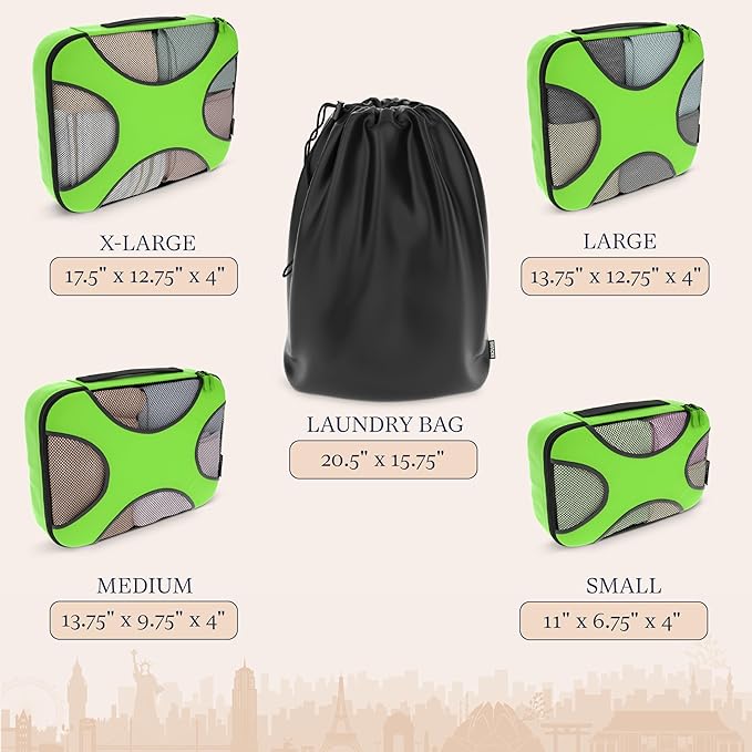 Shacke Premium 5 Packing Cubes Set - Lightweight Mesh Travel Luggage Organizers with Laundry Bag, 5-Piece Suitcase Storage System (Green Grass)