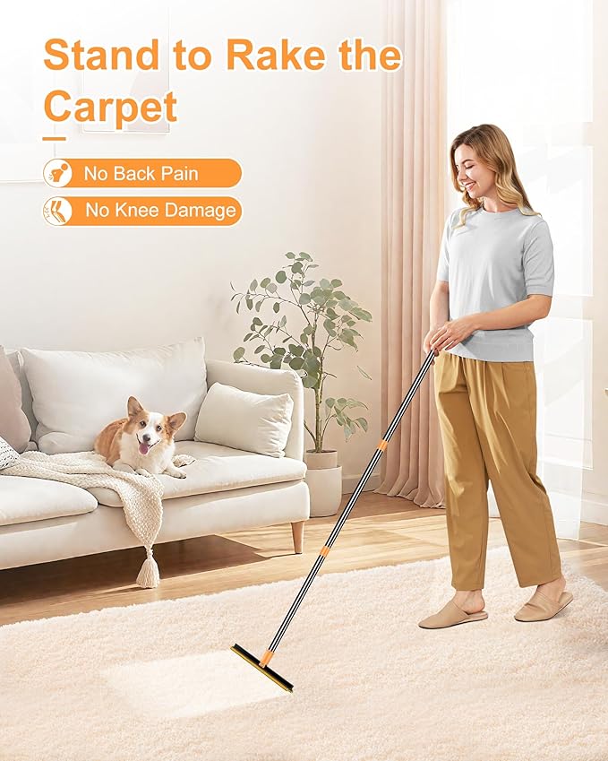 3 in 1 Carpet Rake for Pet Hair Removal Tool, 51” Adjustable Long Handle Pet Hair Removal Broom, Pet Grooming Brush, Cat Dog Hair Remover Carpet Scraper for Rugs, Mats