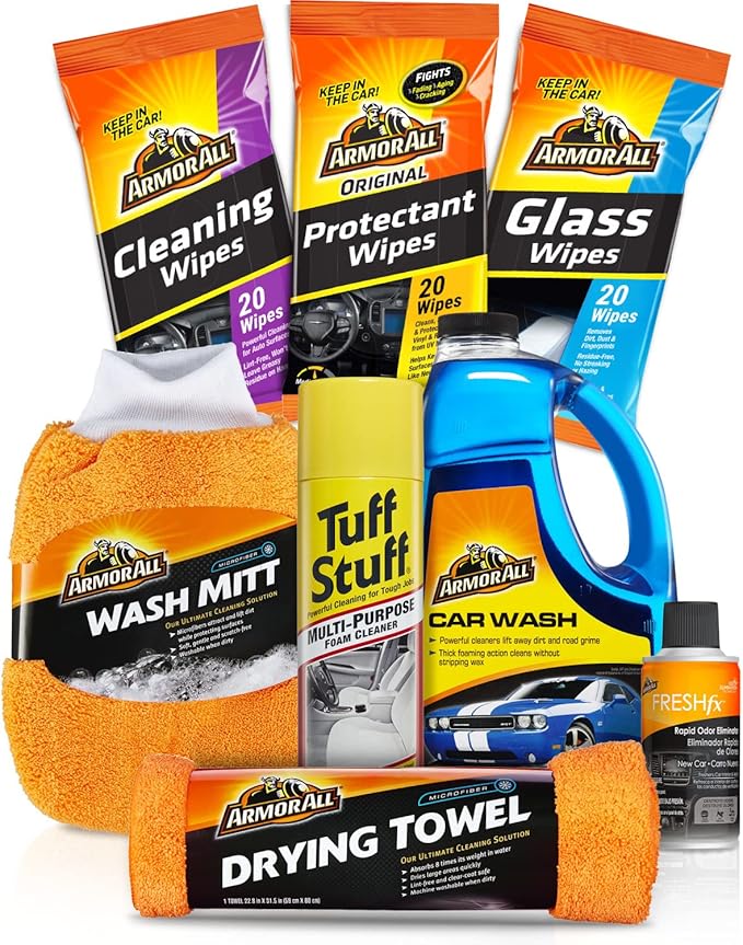 Armor All Car Wash and Cleaner Kit, Includes Cleaning Wipes for Car Interior, Cleaner Concentrate, Car Air Freshener, Microfiber Towels (8 Piece Kit)