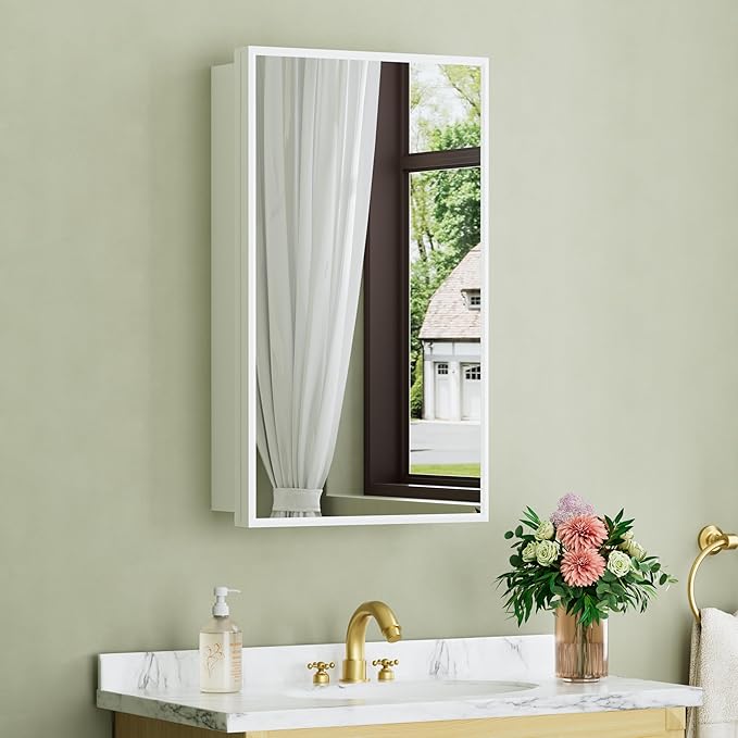Buruis 14"x 24" Framed Medicine Cabinet with Mirror, Recessed or Wall Mounted Bathroom Cabinet, Adjustable Tempered Glass Shelves, Left/Right Open Reversible, No Assembly Required, White