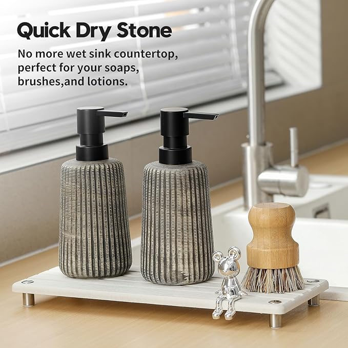 Instant Dry Sink Caddy Kitchen Sink Organizer, Quick Drying Stone Tray Diatomite Sponge Holder Soap Dish, Bathroom Countertop Fast Dry Water Absorbing Vanity Rack, Beige,12" x 5"