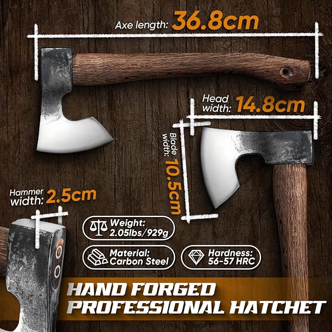 Dream Reach 14.5"" Camping Hatchet with Sheath, Bushcraft Axe with Carbonized Handle, Hand Forged Carving Axe, Splitting Hatchet for Chopping Wood, Gardening, Black