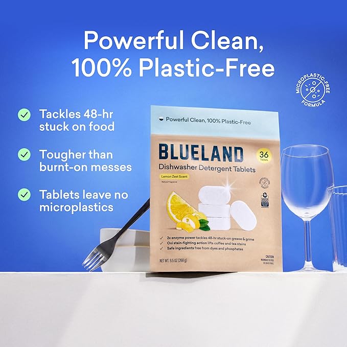 BLUELAND 100% Plastic-Free Dishwasher Detergent Tablets, Starter Set, 60 Count with Tin, Lemon Zest Eco Friendly Dishwashing Pods, Natural, Sustainable