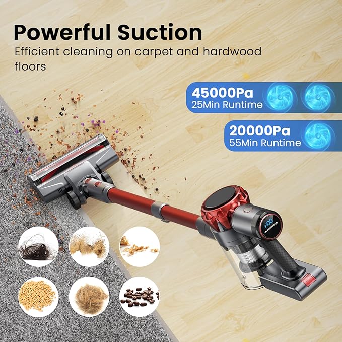 S3 Cordless Vacuum Cleaner, 45kPa Powerful Suction Vacuum Cleaners for Home, 55-Min Runtime Rechargeable Stick Vacuum, Self-Standing, for Pet Hair Carpet Hard Floor, LED Display