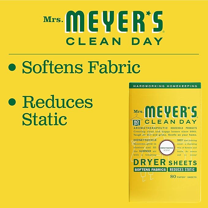 MRS. MEYER'S CLEAN DAY Dryer Sheets, Fabric Softener, Reduces Static, Infused with Essential Oils, Honeysuckle, 80 Count (Pack of 12)