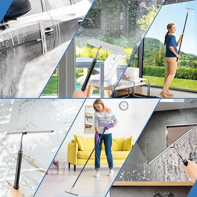 17'' - 62'' Metal Squeegee with Extension Pole for Window,Glass Door,Mirror, 12'' Wide Telescopic Shower Squeegee Cleaner with Long Handle for Cleaning Tile Wall,Floor,Bath,Car Windshield,Solar Panel