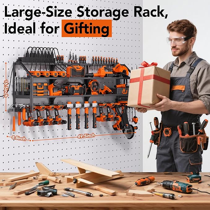 Extra Large Power Tool Organizer Wall Mount with Charging Station, 12 Drill Holders Heavy Duty with 8-Outlet Power Strip, Garage Cordless Drill Storage and Organization, Battery Utility Rack