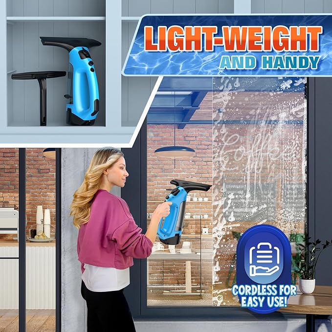 3 in 1 Rechargeable Window Vacuum Squeegee Cordless with 10 inch Blade, Window Cleaner for Efficiently Spraying, Wiping and Vacuuming Windows, Mirrors, Shower Glass, Tiles and Countertops, Blue