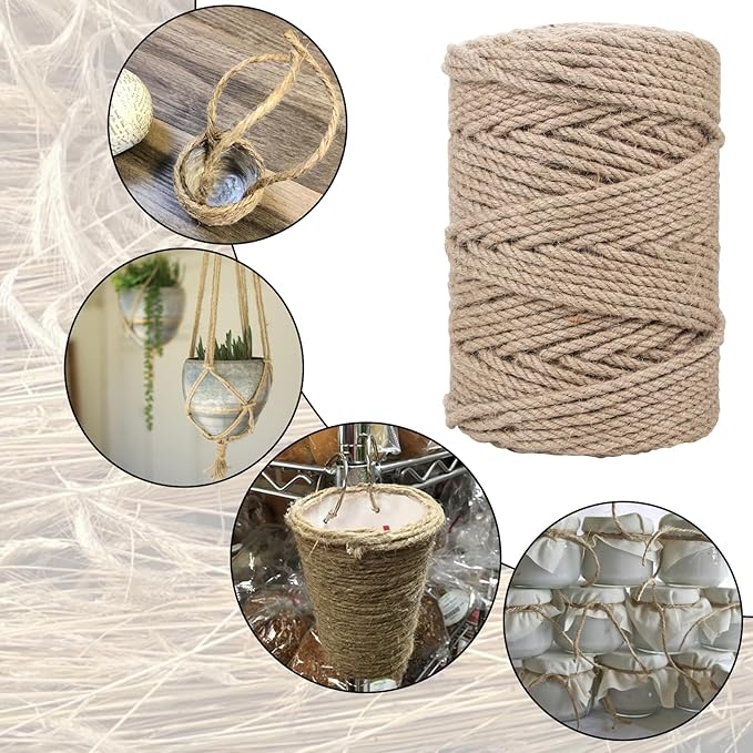Natural Jute Rope 4mm x109 Yard 3 Strand, ZUEXT Handmade Jute Twine String,Burlap Hemp Rope for Artworks Gardening Bundling Camping DIY Crafting Knitting Plant Hanger Gift Wrapping Decor(100m)