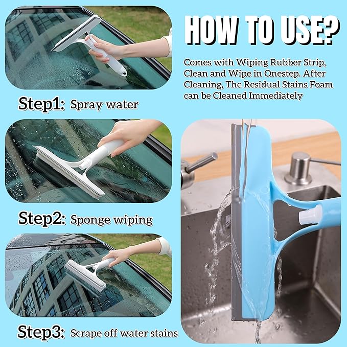 2 Pack 3 in 1 Window Cleaning Scraper, 3 in 1 Spray Squeegee, Window Squeegee Cleaner Tool with Built-in Spray Bottle and 4 Replaceable Sponges for Car Home Windows Glass and Tiles Etc