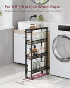 VASAGLE Slim Rolling Cart, 4-Tier Storage Cart, Narrow Cart with Handle, 5.1 Inches Deep, Metal Frame, for Kitchen, Dining Room, Living Room, Home Office, Ebony Black and Classic Black ULRC032B04