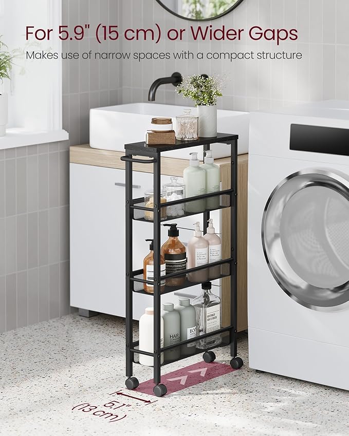 VASAGLE Slim Rolling Cart, 4-Tier Storage Cart, Narrow Cart with Handle, 5.1 Inches Deep, Metal Frame, for Kitchen, Dining Room, Living Room, Home Office, Ebony Black and Classic Black ULRC032B04