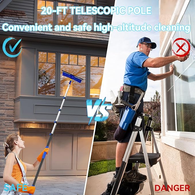 26FT+ Professional Window Cleaning Kit,High Reach Duster Kit,Spider Web Duster,with 20 ft Telescopic Pole 2 in 1 Window Cleaning Squeegee Kit for Outdoor & Indoor Cleaning
