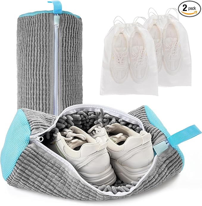 Shoe Washing Machine Bag for Washer & Dryer, Large Shoe Bag for Washing Machine Plush Fibers laundry Bag for Sneakers, Tennis Shoes and Gym shoes, Grey (2PCS)